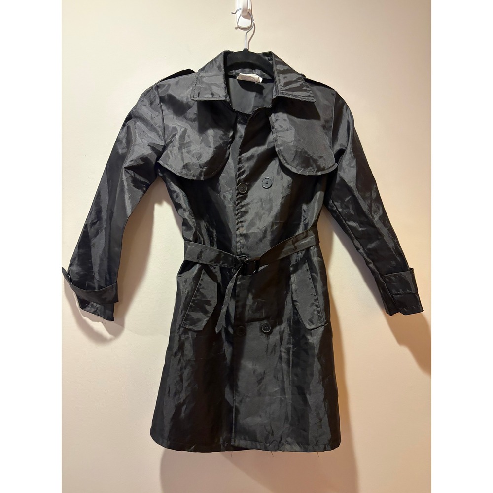 Costume Dress Up Kids Large (9-12) Black Belted Trench Coat Halloween Detective